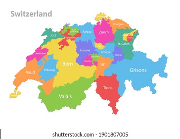 Schweiz-Karte, Verwaltungsabteilung, einzelne Regionen mit regionalen Namen, Farbkarte einzeln auf weißem Hintergrund, Vektorgrafik