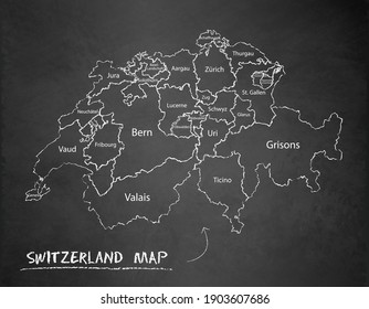 Switzerland map administrative division, separates regions and names, design card blackboard chalkboard vector