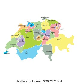 Switzerland map background with regions, region names and cities in color. Switzerland map isolated on white background. Vector illustration