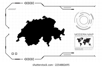 Switzerland map of black digital frame HUD, GUI, UI interface technology radar vector.