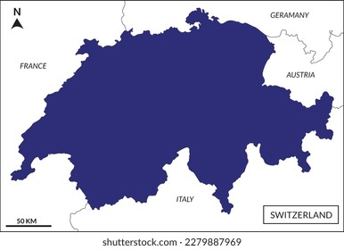 Switzerland map with blue color, high details include border country Germany, France, Italy and Austria 