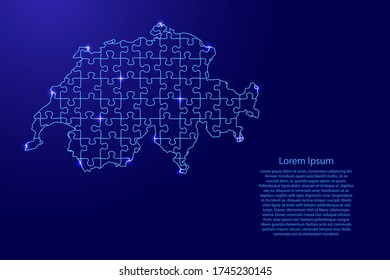 Die Schweiz kartografiert aus blauen Mustern von komponierten Rätseln und leuchtenden Sternen. Vector-Abbildung.