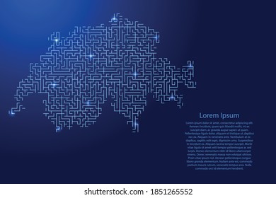 Switzerland map from blue pattern of the maze grid and glowing space stars grid. Vector illustration.