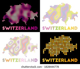 Switzerland map. Collection of maps of Switzerland in dotted style. Borders of the country filled with rectangles for your design. Vector illustration.