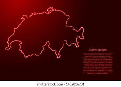Switzerland map from the contour red brush lines different thickness and glowing stars on dark background. Vector illustration.