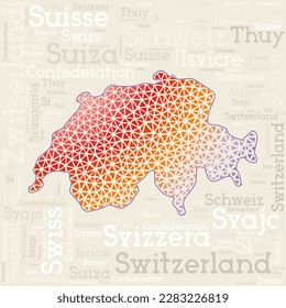 Switzerland map design. Country names in different languages and map shape with geometric low poly triangles. Powerful vector illustration of Switzerland.