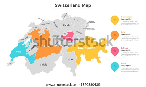 Switzerland map divided into federal states.\
Territory of country with regional borders. Swiss administrative\
division. Infographic design template. Vector illustration for\
touristic guide,\
banner.