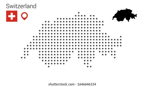 Mapa de Suiza sobre fondo blanco con bandera y alfiler.