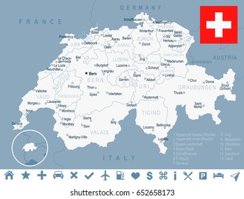 Switzerland map and flag - highly detailed vector illustration