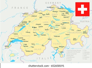 Switzerland map and flag - highly detailed vector illustration