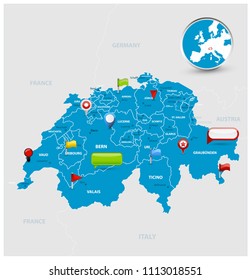 Switzerland Map and glossy icons on map. Detailed vector illustration of map.