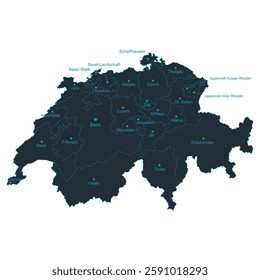 Switzerland map high detailed with administrative divide by state, capital cities names, outline simplicity style. Vector illustration EPS10.