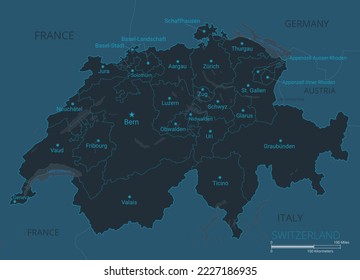 Karte der Schweiz. Hohe detaillierte Karte der Schweiz mit Ländern, Grenzen, Städten, Wasserobjekten. Vektorgrafik eps10.