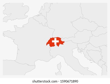 Switzerland map highlighted in Switzerland flag colors, gray map with neighboring countries.