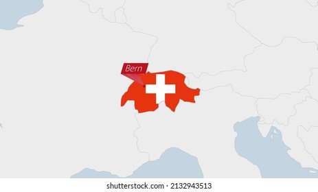 Mapa de Suiza resaltado en Suiza de los colores de la bandera y el pin de la capital del país Berna, mapa con los países vecinos de Europa.