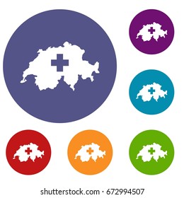 Switzerland map icons set in flat circle reb, blue and green color for web