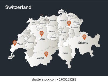 Switzerland map, Infographics flat design colors snow white, with names of individual regions vector