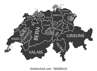 Switzerland Map labelled black illustration in English language