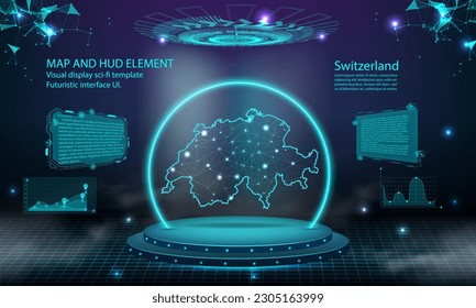 Die Schweiz hat einen hellen Verbindungseffekt-Hintergrund. abstrakte digitale Technologie UI, GUI, futuristische HUD Virtual Interface mit der Schweiz Karte. Stage futuristisches Podium in Nebel.
