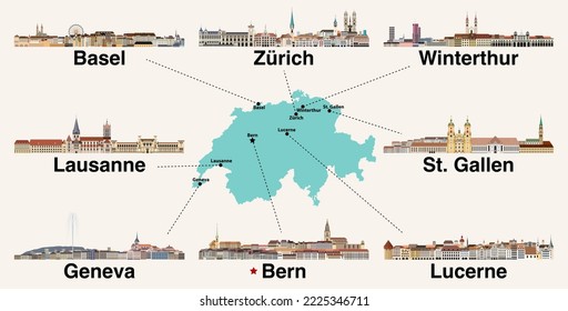 Switzerland map with main cities skylines. Vector illustration