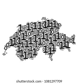 Switzerland  Map mosaic icon of zero and one symbols in various sizes. Vector digits are scattered into Switzerland Map composition design concept.