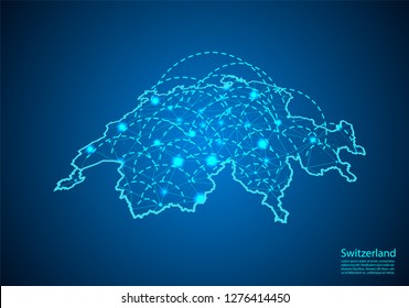 switzerland map with nodes linked by lines. concept of global communication and business. Dark switzerland map created from white dots with travel locations or internet connection.