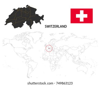 Switzerland map on a world map with flag on white background.