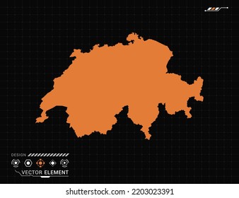 Switzerland map of orange digital frame HUD, GUI, UI interface technology radar vector.