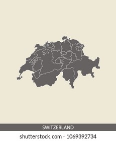 Switzerland map outline vector illustration in gray background. Borders of all states or provinces or counties are included on this map.