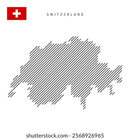 Switzerland map from pattern of black slanted parallel lines. Swiss map with gray diagonal lines. Silhouette of a country made of oblique hatching. Vector illustration isolated on white.