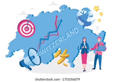 Switzerland map  with people, Welcome to Switzerland, advertising and promo,  Switzerland economy. Vector illustration for web banner, infographics, mobile. 