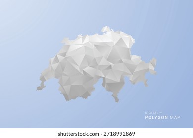 Mapa da Suíça - ilustração vetorial estilo polígono em tons de cinza, branco e azul, design geométrico baixo-poli, silhueta mínima, adequado para design infográfico e moderno.