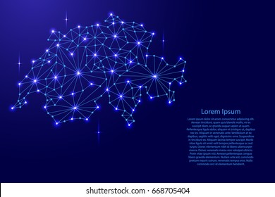 Switzerland map of polygonal mosaic lines network, rays and space stars of vector illustration.