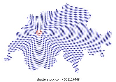 Switzerland map radial dot pattern. Blue dots going from the red dotted capital Bern outwards and form the country silhouette. Illustration on white background.