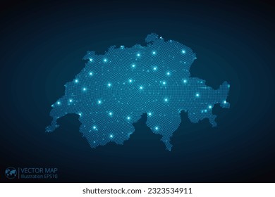 Switzerland map radial dotted pattern in futuristic style, design blue circle glowing outline made of stars. concept of communication on dark blue background. Vector EPS10