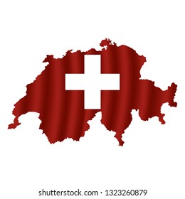 Switzerland map with rippled flag on white illustration. Waving Fabric Flag Map of Switzerland. Map of Europe. Vector White Background. Vector illustration eps10.