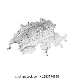 Switzerland map. Road map of Switzerland. It includes properly grouped all roads of the country (from highways to country roads and railways). Light grayscale decorative graphics.