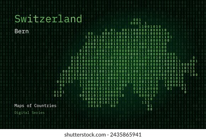 Switzerland Map Shown in Binary Code Pattern. TSMC. Blue Matrix numbers, zero, one. World Countries Vector Maps. Digital Series	