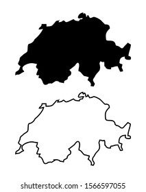 Switzerland Map Simple Shape Version Black Silhouette and Outline Isolated on White