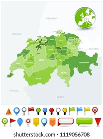 Switzerland Map Spot Green Colors and glossy icons. Detailed vector illustration of map.