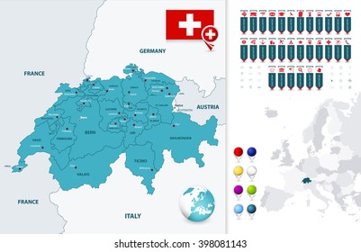 Switzerland map and it's states with navigation map pointers. All elements are separated in editable layers clearly labeled.