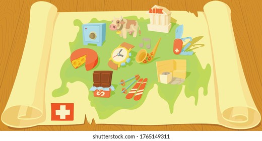 Switzerland map travel horizontal banner concept. Cartoon illustration of Switzerland map travel vector horizontal banner for web