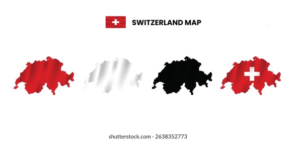 Switzerland map in various style frames, icons, black color, borders, flag colors. Vector illustration