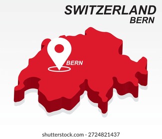 Suiza Mapa Vector, Berna Capital City Marker on Red 3D Country Shape, Suiza Diseño Infográfico, Puntero de Destino Editable Suiza Geografía