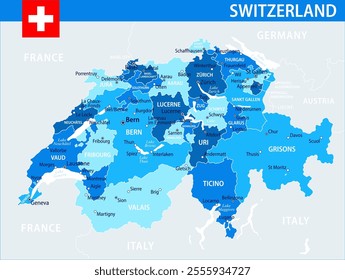 Switzerland Map Vector Blue Spot - Customizable layered political map of Switzerland with administrative divisions for website, education, reports, news, politics, print, poster and wallpaper