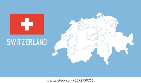 Switzerland map. Vector Switzerland map with Switzerland flag isolated on blue background.	