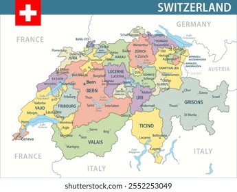 Switzerland Map Vector New 2024 Colorful - Customizable layered political map of Switzerland with administrative divisions for website, education, reports, news, politics, print, poster and wallpaper