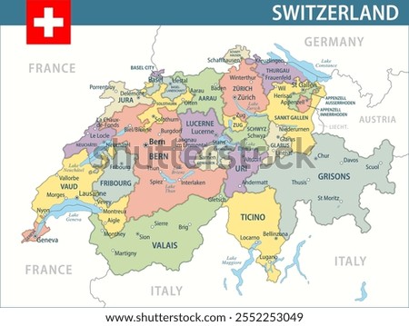 Switzerland Map Vector New 2024 Colorful - Customizable layered political map of Switzerland with administrative divisions for website, education, reports, news, politics, print, poster and wallpaper