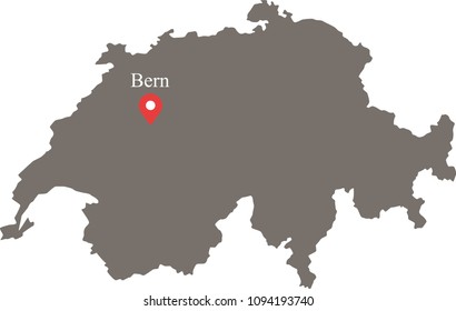 Switzerland map vector outline illustration with capital location and name, Bern, in gray background. The borders of provinces or states are not included on this map for aesthetic appeal.