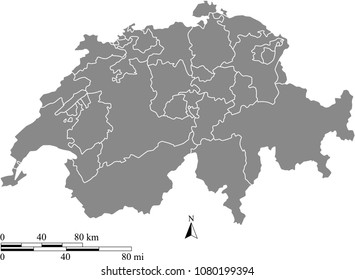 Switzerland map vector outline with scales of miles and kilometers and borders of provinces in gray background. Switzerland map with mileage and kilometer scales 